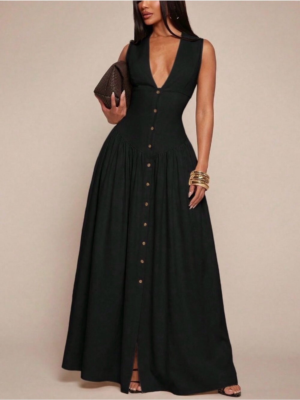 Elegant Black Button-Front V-Neck Maxi Dress
